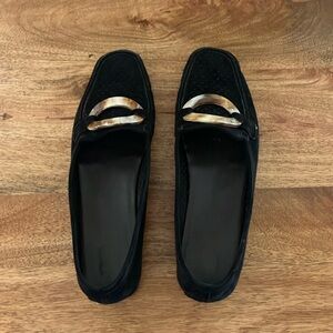 Vintage Stuart Weitzman Black Suede Perforated Loafers with tortoiseshell buckle